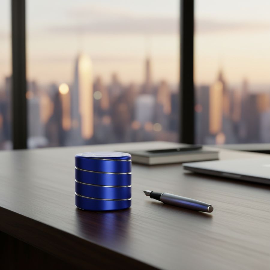 Blue Zenklar Axis kinetic desk tool on an executive office desk with a city view for high-performance focus