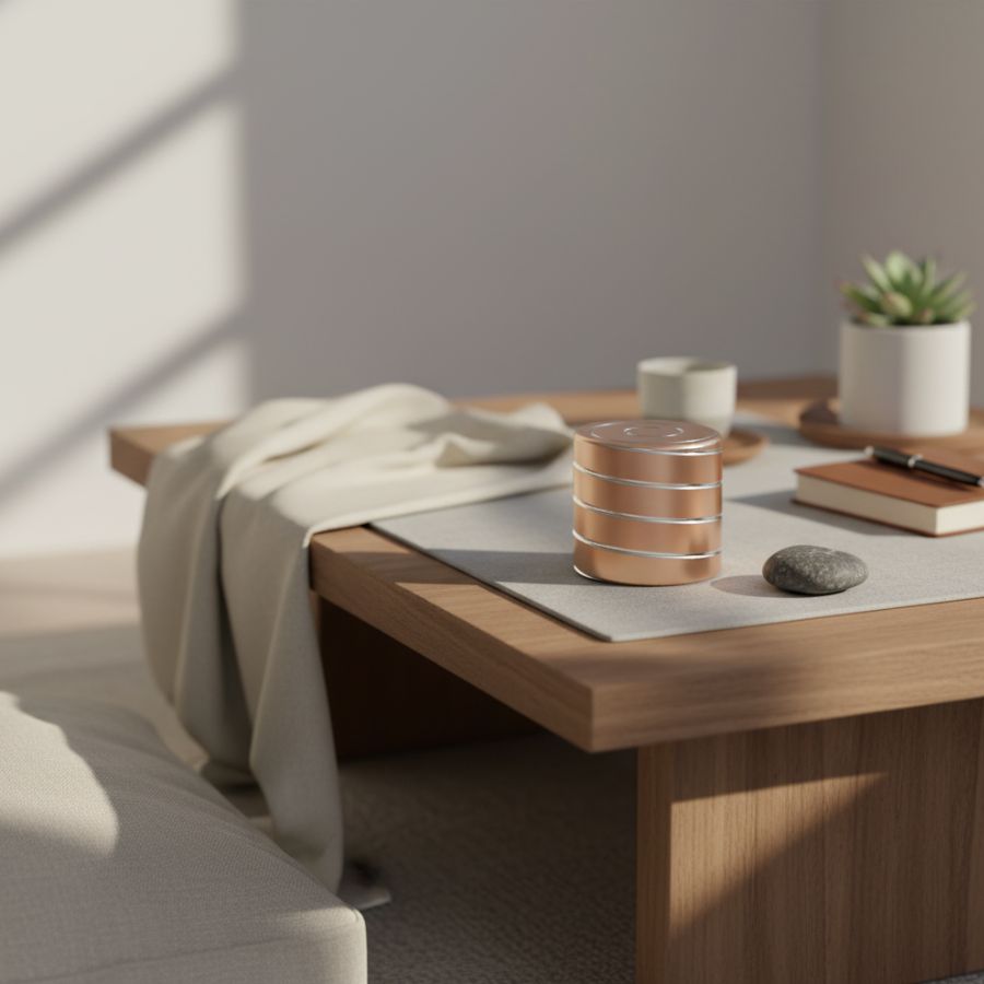 Copper Zenklar Axis kinetic desk tool in a calm interior setting designed for focused thinking