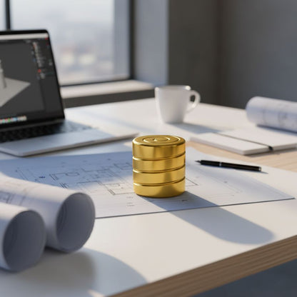 Zenklar Axis gold kinetic desk tool placed on architectural blueprints in a focused workspace