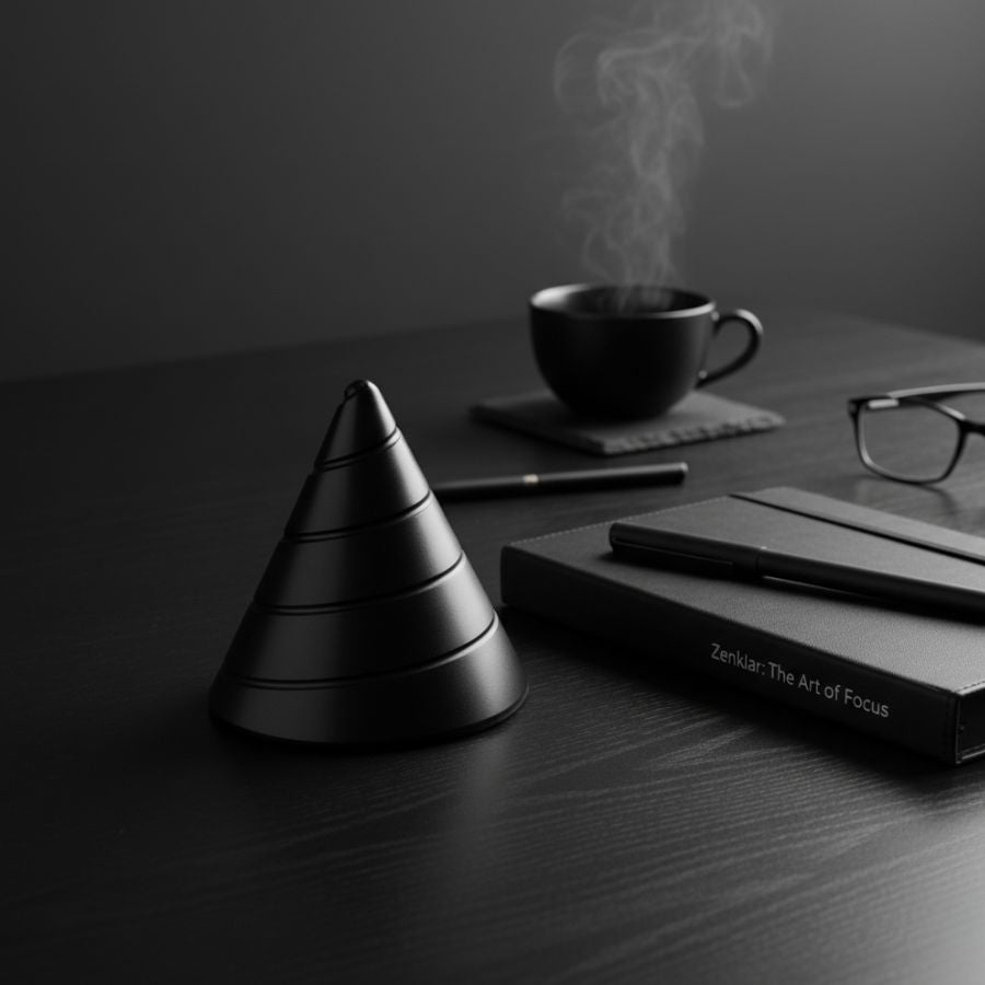 Black Zenklar Vortex kinetic focus tool on a dark desk setup designed for deep, uninterrupted work