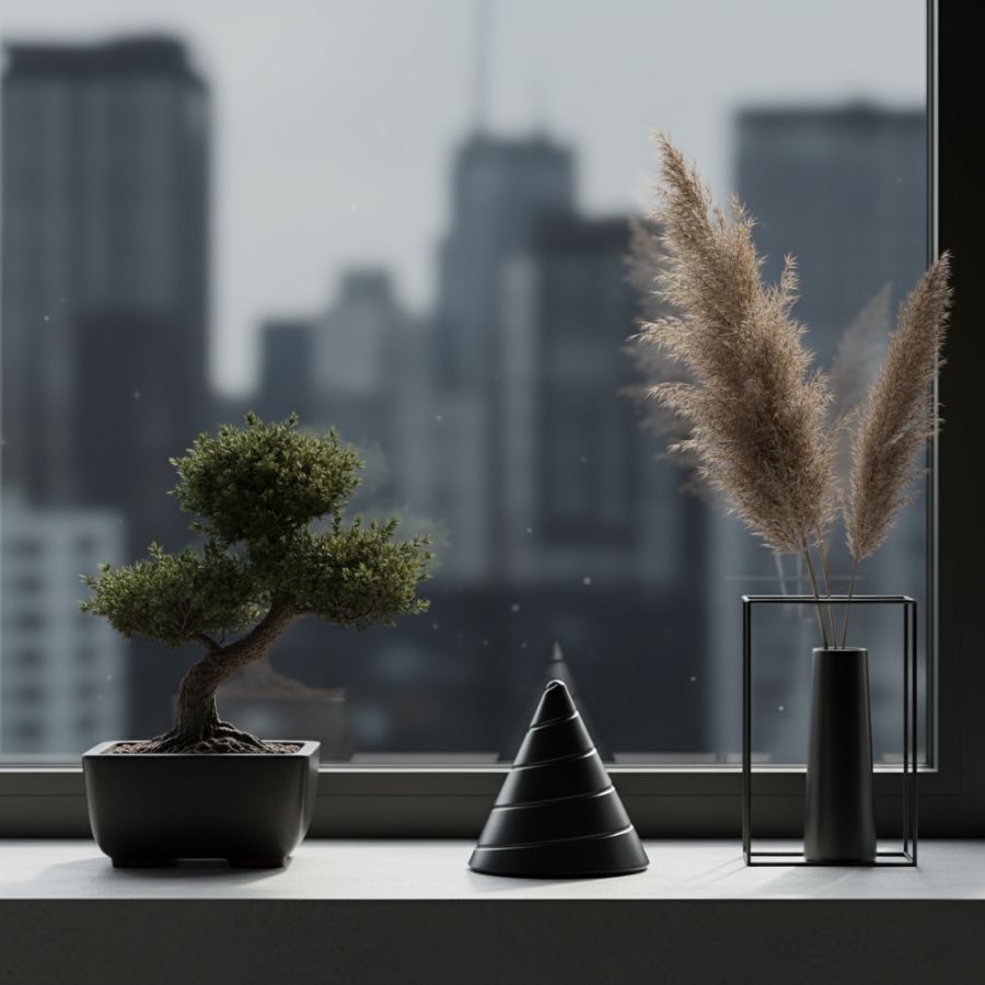Black Zenklar Vortex kinetic focus tool placed near a window with a city view for calm focus