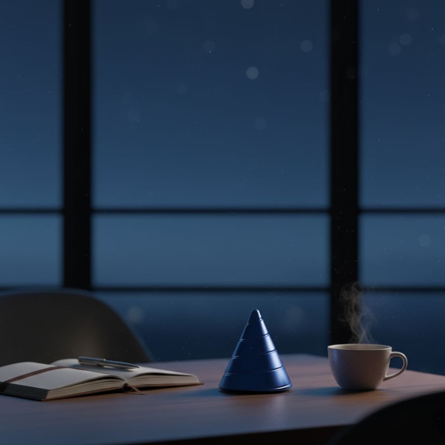 Blue Zenklar Vortex kinetic focus tool on a desk at night beside a notebook and coffee for calm concentration