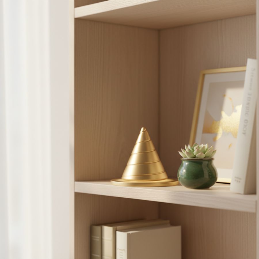 Gold Zenklar Vortex kinetic focus tool styled on a shelf as a functional design object