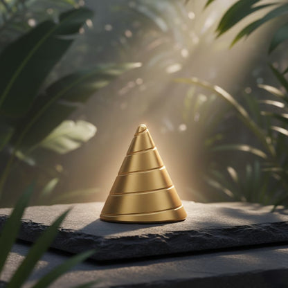 Gold Zenklar Vortex kinetic focus tool placed in a serene nature-inspired setting for mental clarity