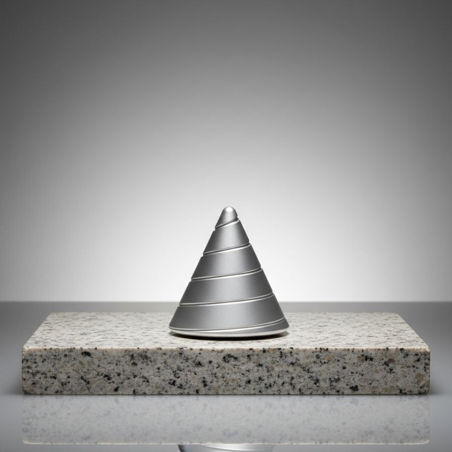 Grey Zenklar Vortex kinetic focus tool displayed on a minimal stone pedestal