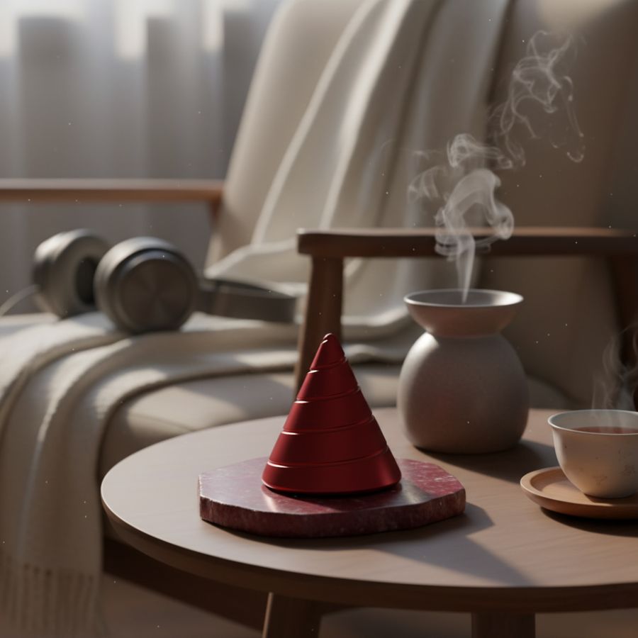 Red Zenklar Vortex kinetic focus tool placed in a relaxed lounge setting for mindful focus