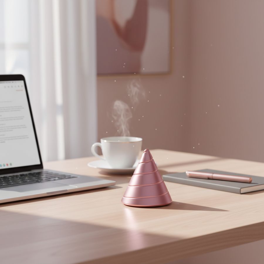 Rose-toned Zenklar Vortex kinetic focus tool on a soft home office desk for gentle focus