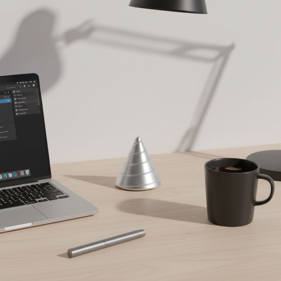 Silver Zenklar Vortex kinetic focus tool on a modern workspace desk beside a laptop and coffee